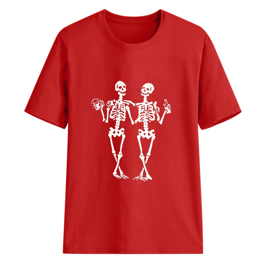 Dancing skull drinking beer funny printed casual women's T-shirt